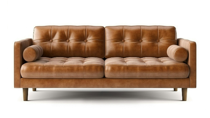 a brown leather couch sitting on top of a white floor